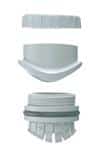 Four white plastic components arranged vertically: a curved strap, bowl-shaped shell, threaded ring, and a ribbed base with tabs (disassembled component kit).