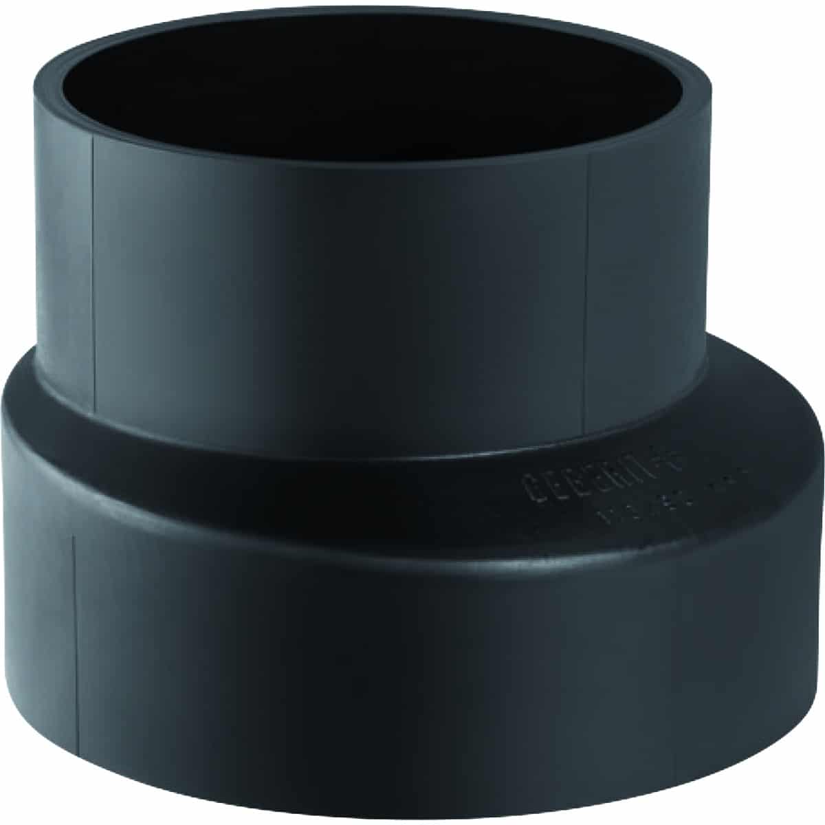 Black plastic pipe reducer fitting with two different diameters used to join pipes of different sizes in a plumbing system.