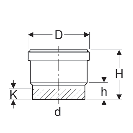 Front cross-section of a capped cylindrical component showing outer diameter D, overall height H, lower height h, bottom diameter d, and offset K.