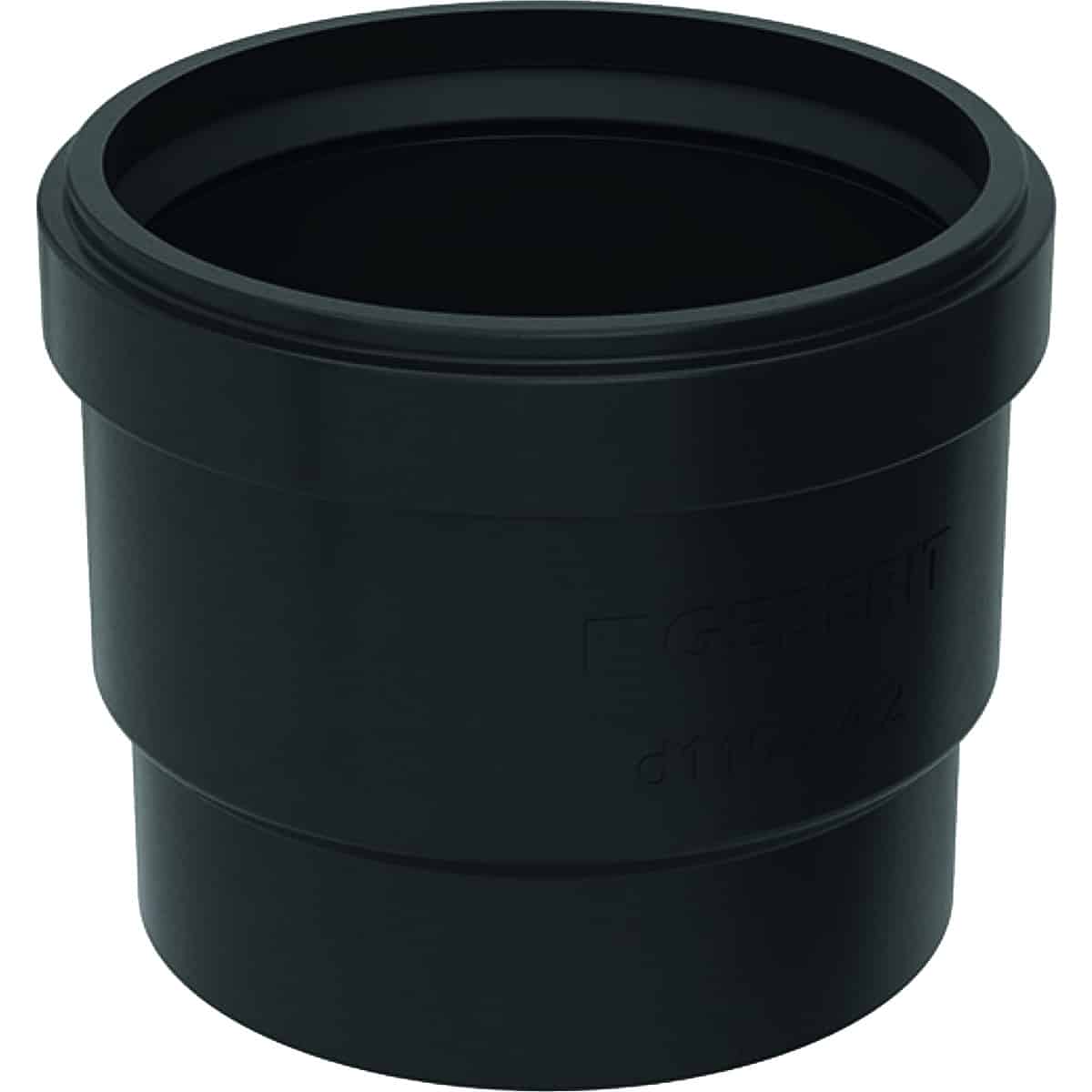 Black plastic drainage pipe coupling/adapter, cylindrical with two stepped diameters.