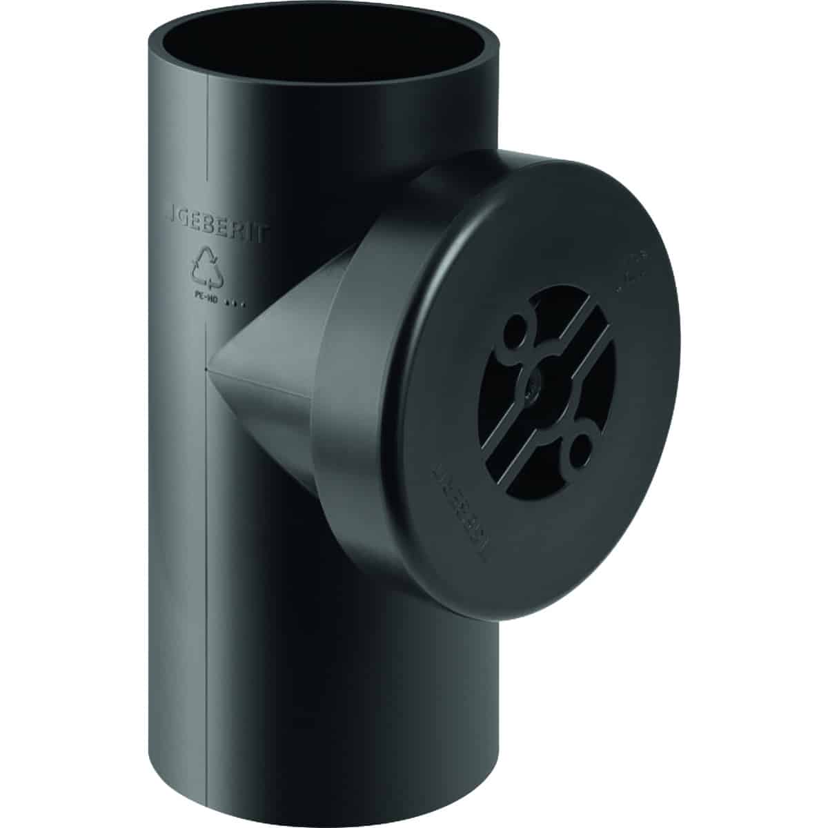 Black PVC vertical waste pipe with a round, side-mounted cleanout cap/plug for access.