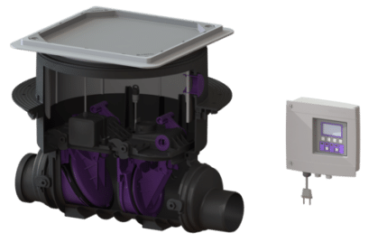 Industrial valve actuator with a grey lid and purple internal components, shown beside a separate digital control panel.