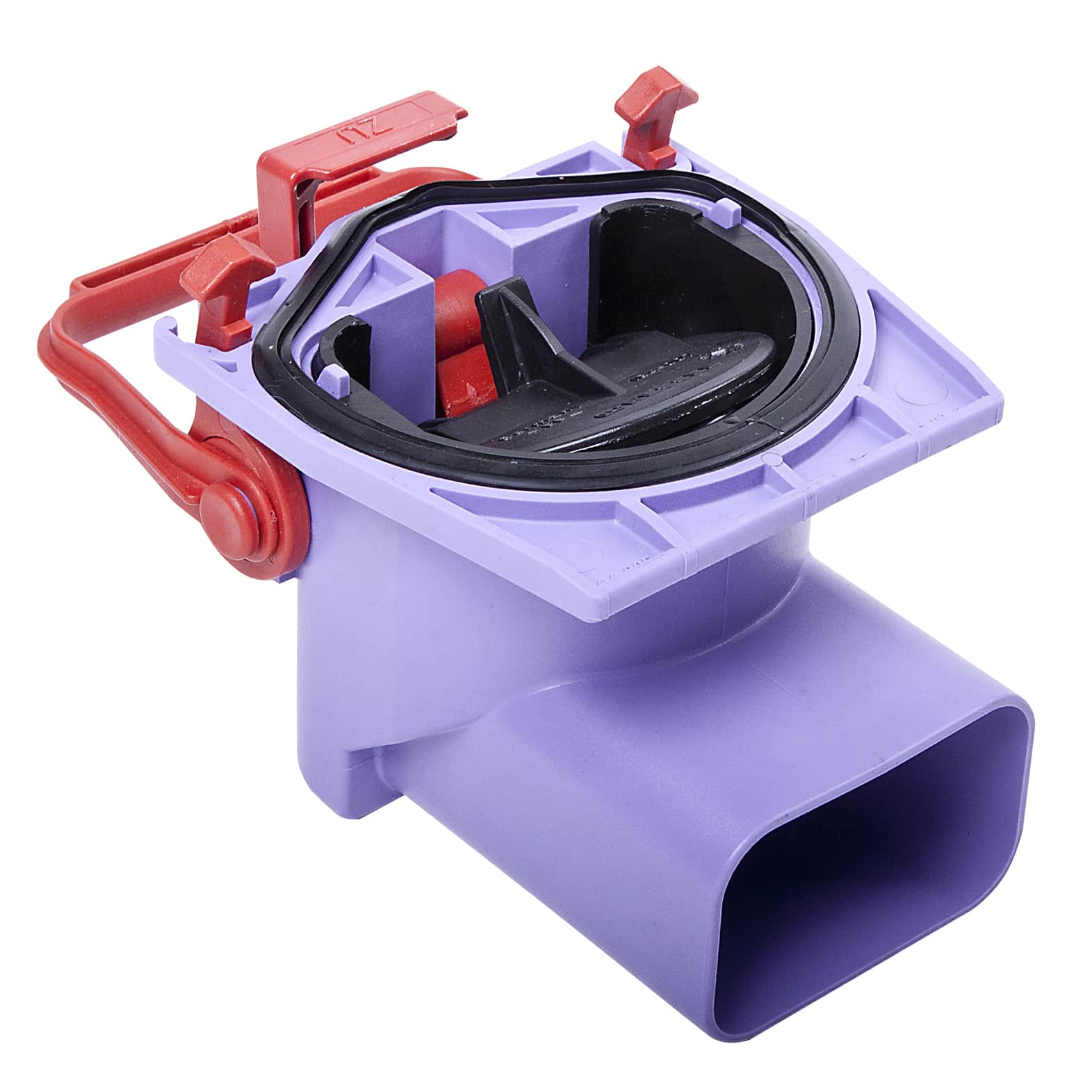 Close-up of a purple plastic container lid with red locking clamps and a black rubber seal.