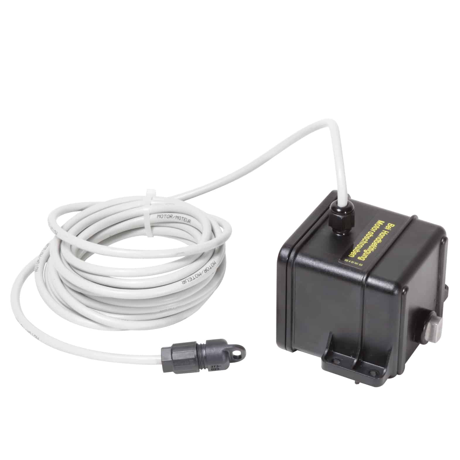 Black wall power adapter with a long white coiled cord and plug on a white background, ready to connect to a device.