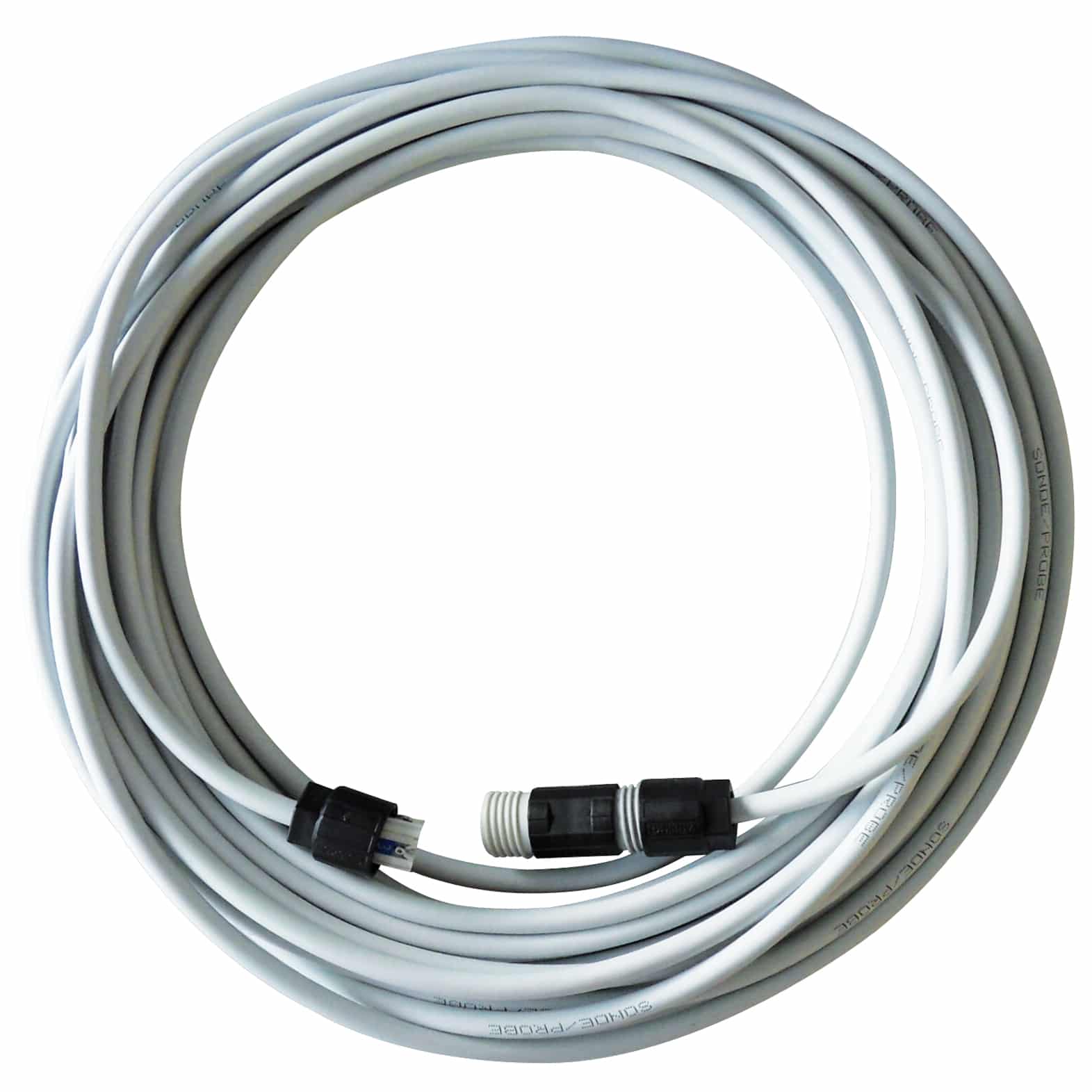 Coiled white cables with black and silver connectors at each end.