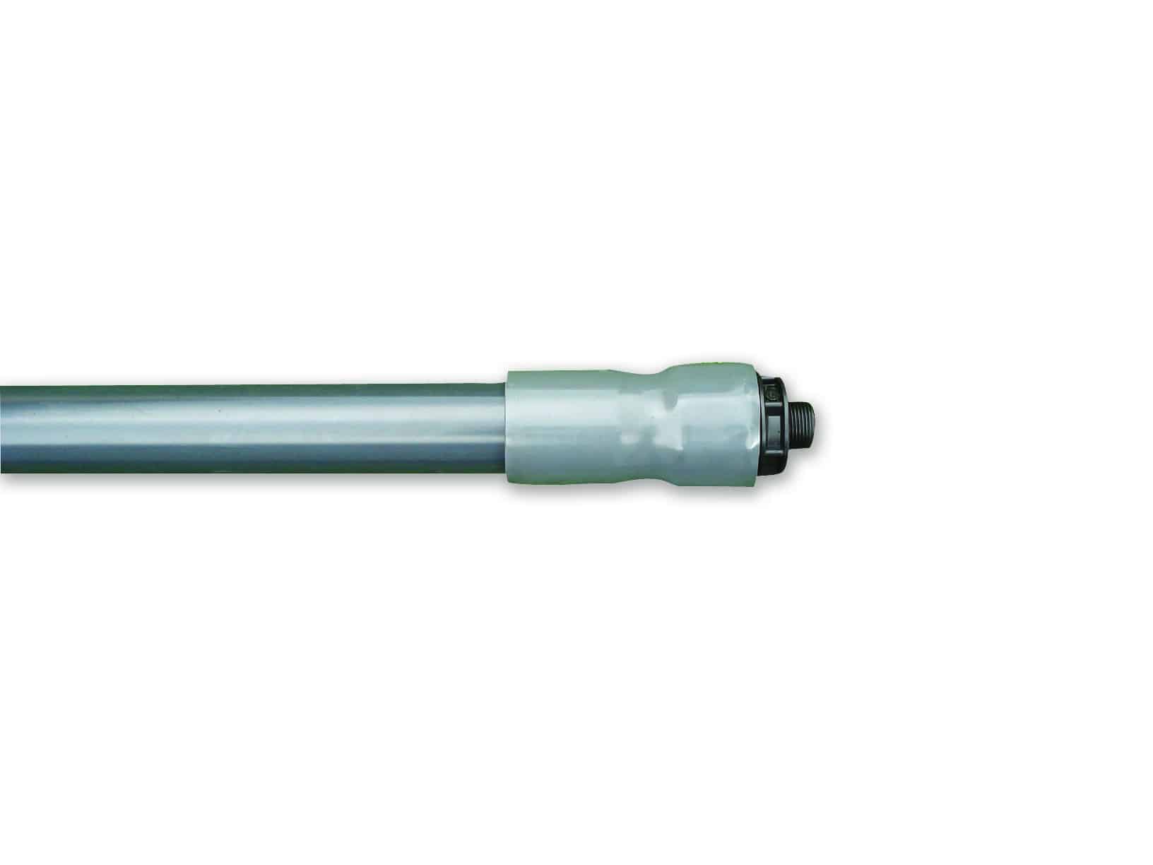 Metal rod extending from left to a gray plastic coupling with a threaded black end on the right.