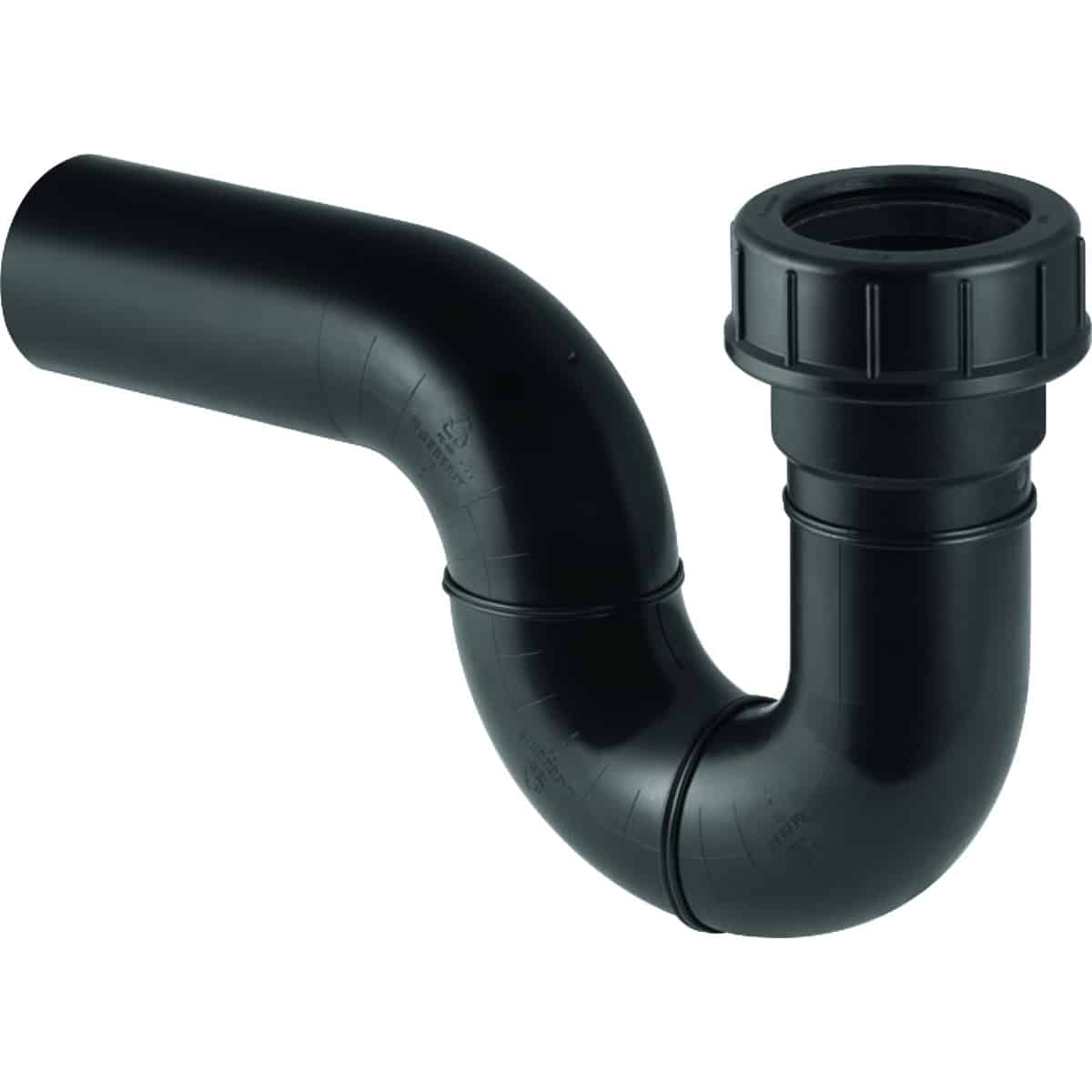 Black plastic P-trap plumbing pipe with curved U-bend and threaded connector for a sink drain