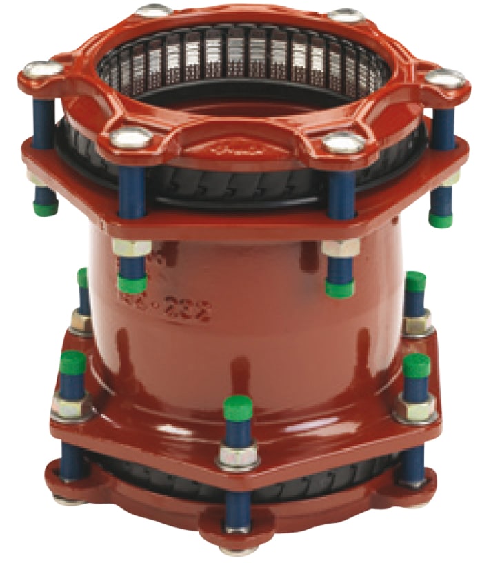 Red industrial bearing housing with a circular roller bearing and blue mounting bolts