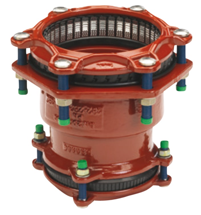 Red valve actuator with circular upper plate and bolted clamps in a piping system