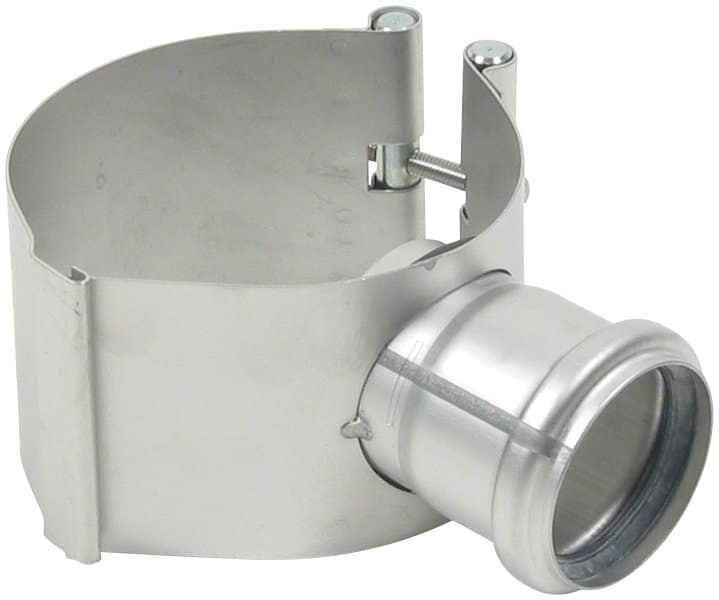 Metal HVAC duct connector with circular elbow coupling and clamp