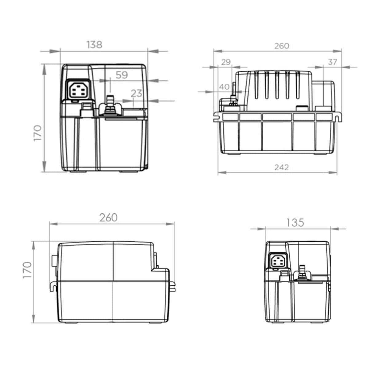 Engineering blueprint of a compact electronic enclosure shown in four views (front, back, top, side) with dimension lines and a multi-pin connector on the left.