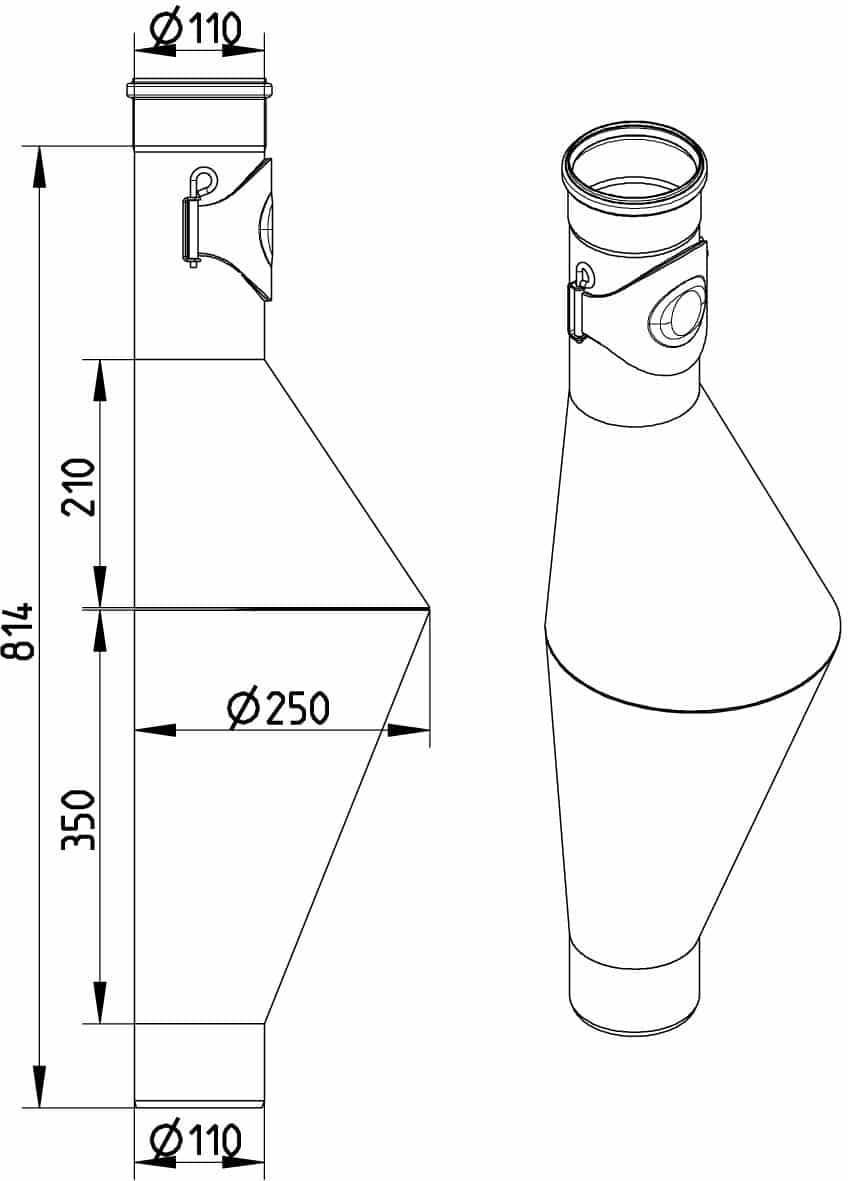 Technical drawing of a cylindrical duct with a conical section, showing top and bottom openings Ø110 mm, overall height 814 mm, and outlet Ø250 mm; includes side mounting bracket and dimensions for assembly.