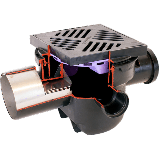 Cutaway view of a plastic plumbing drain trap assembly with a metal outlet, showing a cracked body with red sealant and a purple gasket inside.