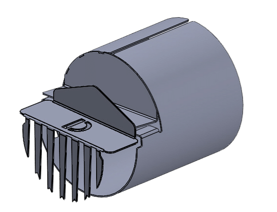 Grapple-style bucket attachment with curved body and multiple vertical teeth for grabbing debris or logs.