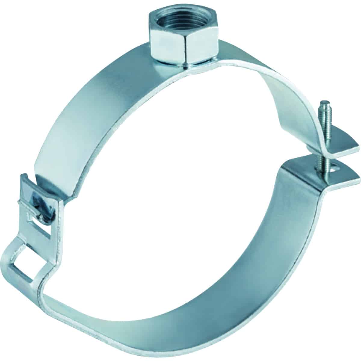 Chrome-plated metal pipe clamp with a bolt and nut for securing a pipe