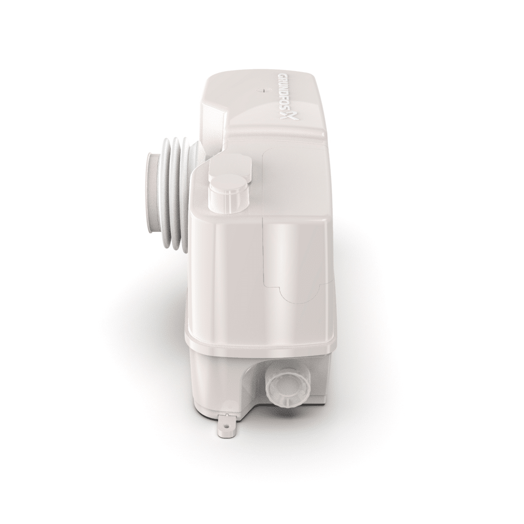 Compact white pump with a ribbed pulley on the left side and bottom inlet/outlet fittings, viewed from an angled side.