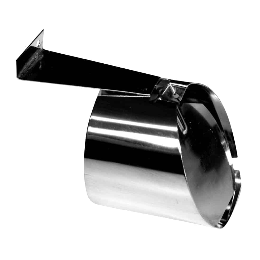 Chrome can opener with a long black lever and circular cutting wheel, shiny and metallic.