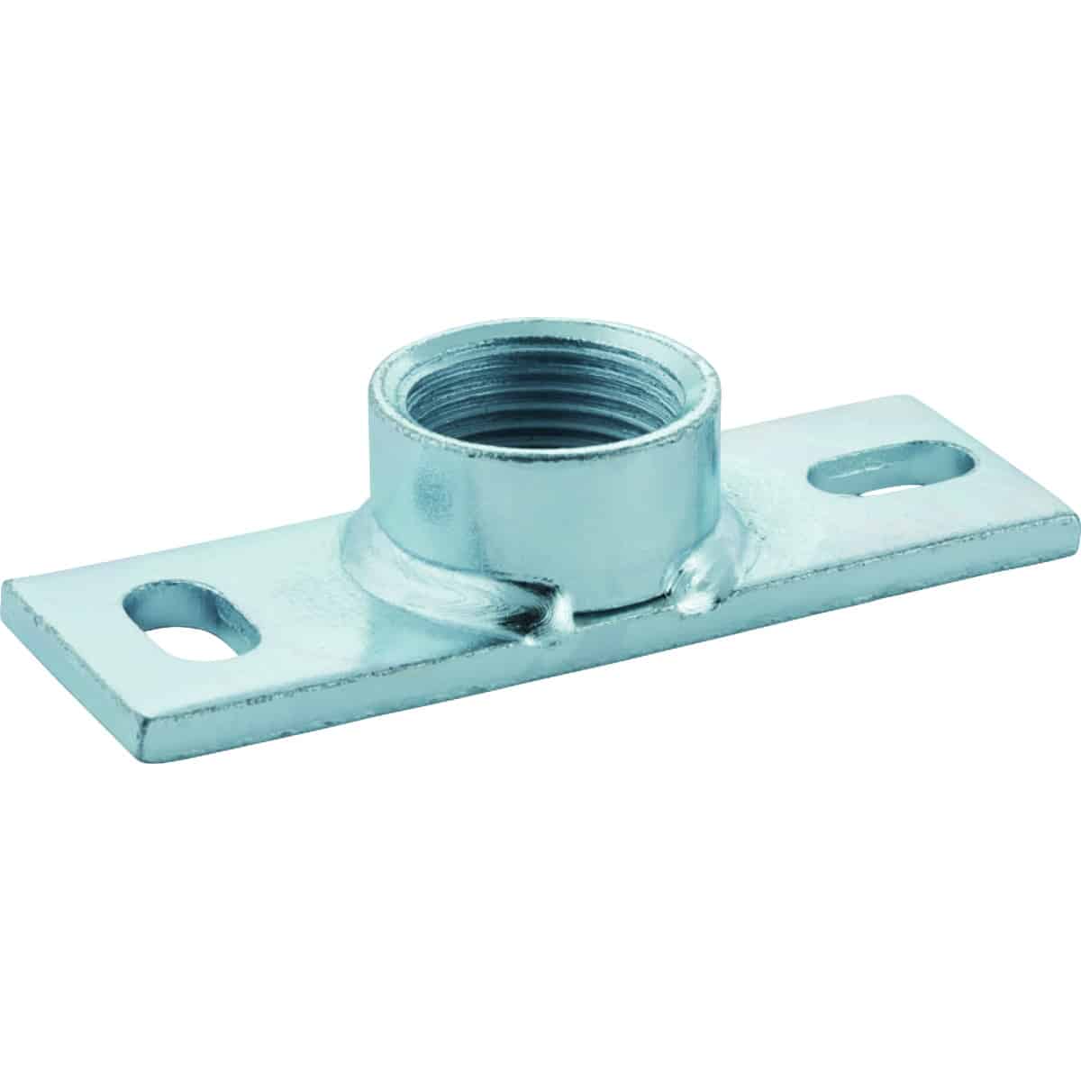 Metal mounting flange: rectangular base with two screw holes and a central threaded boss for a pipe or rod.