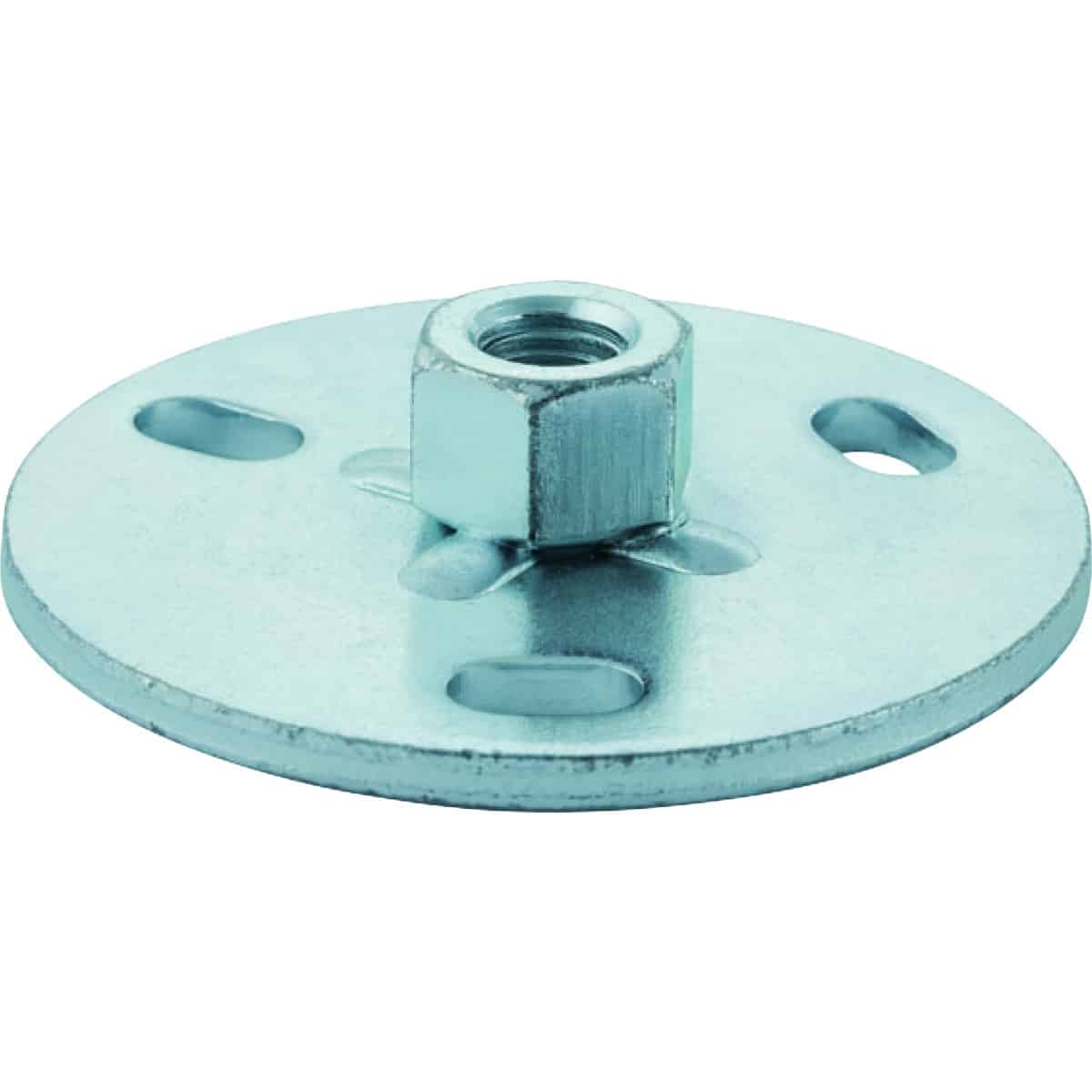 Round metal mounting flange with three elongated slots and a central threaded stud/nut for mounting
