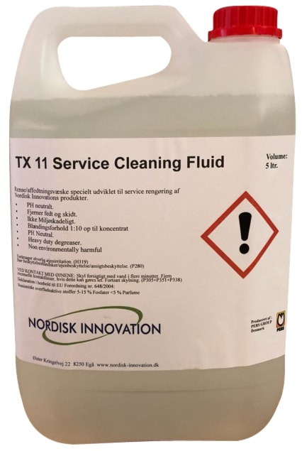 5 L plastic container of TX 11 Service Cleaning Fluid with red cap and hazard diamond on the label, by Nordisk Innovation