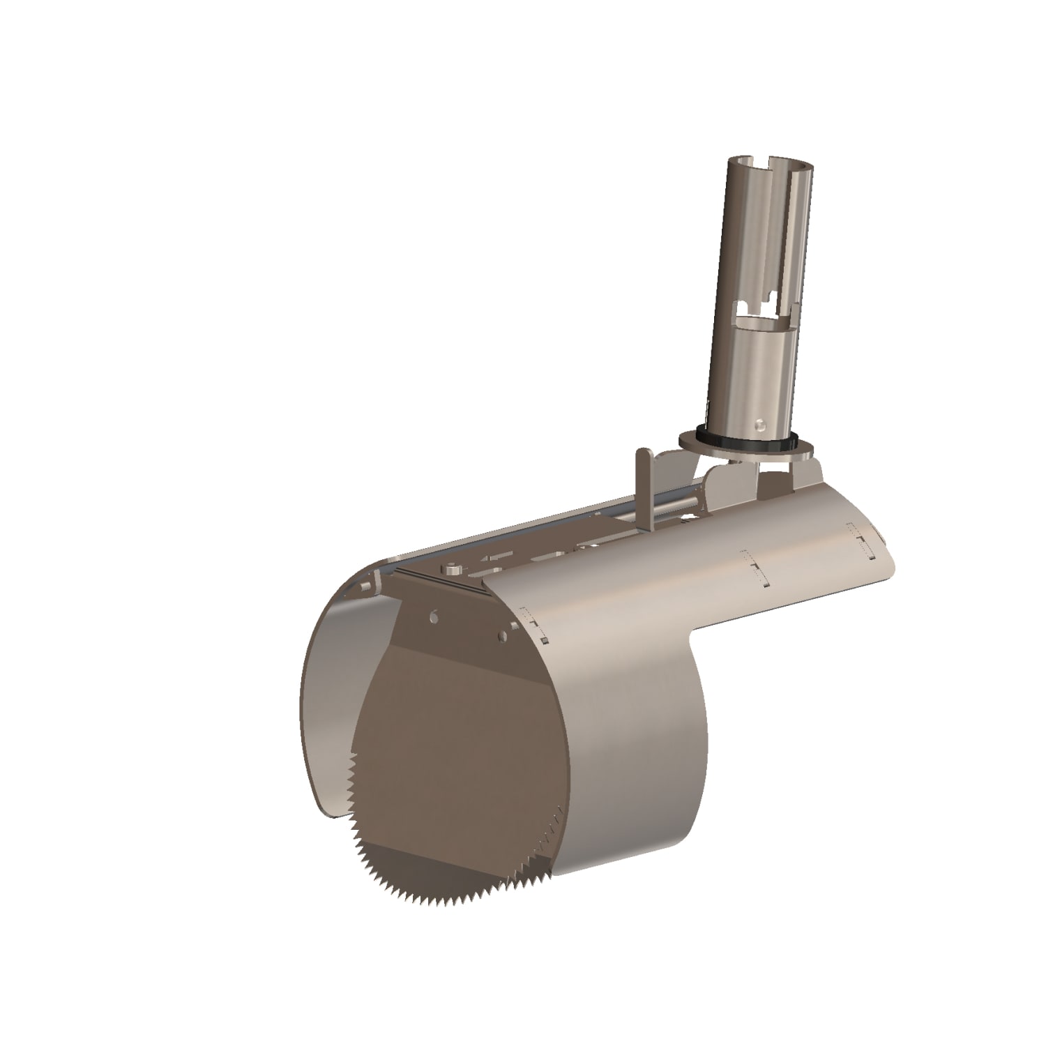 Rotary cutting head with a serrated circular blade mounted to a vertical shaft, an industrial cutting tool component.