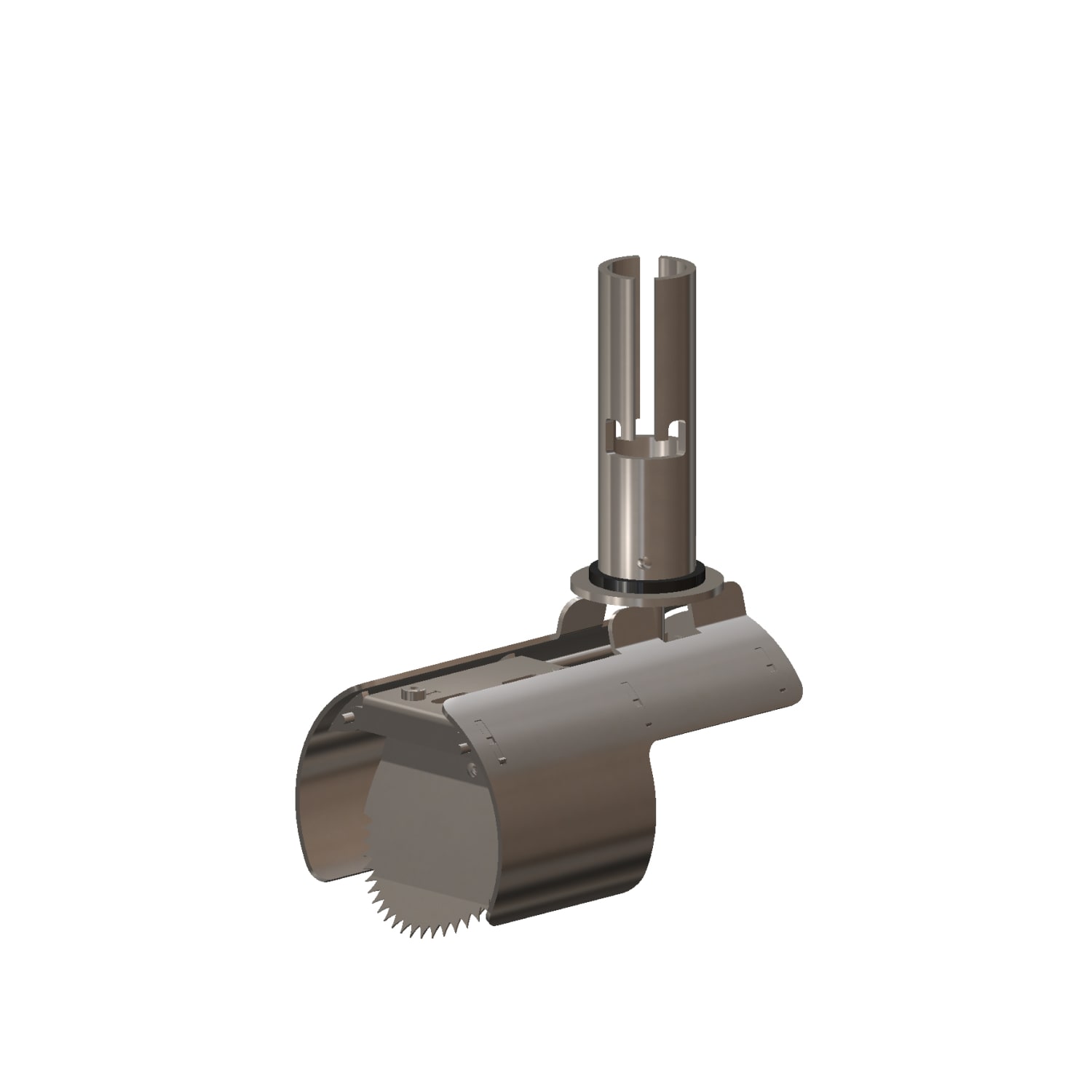 CAD rendering of a cylindrical housing with a vertical shaft and a gear-like, sawtoothed wheel at the bottom, part of a machining tool