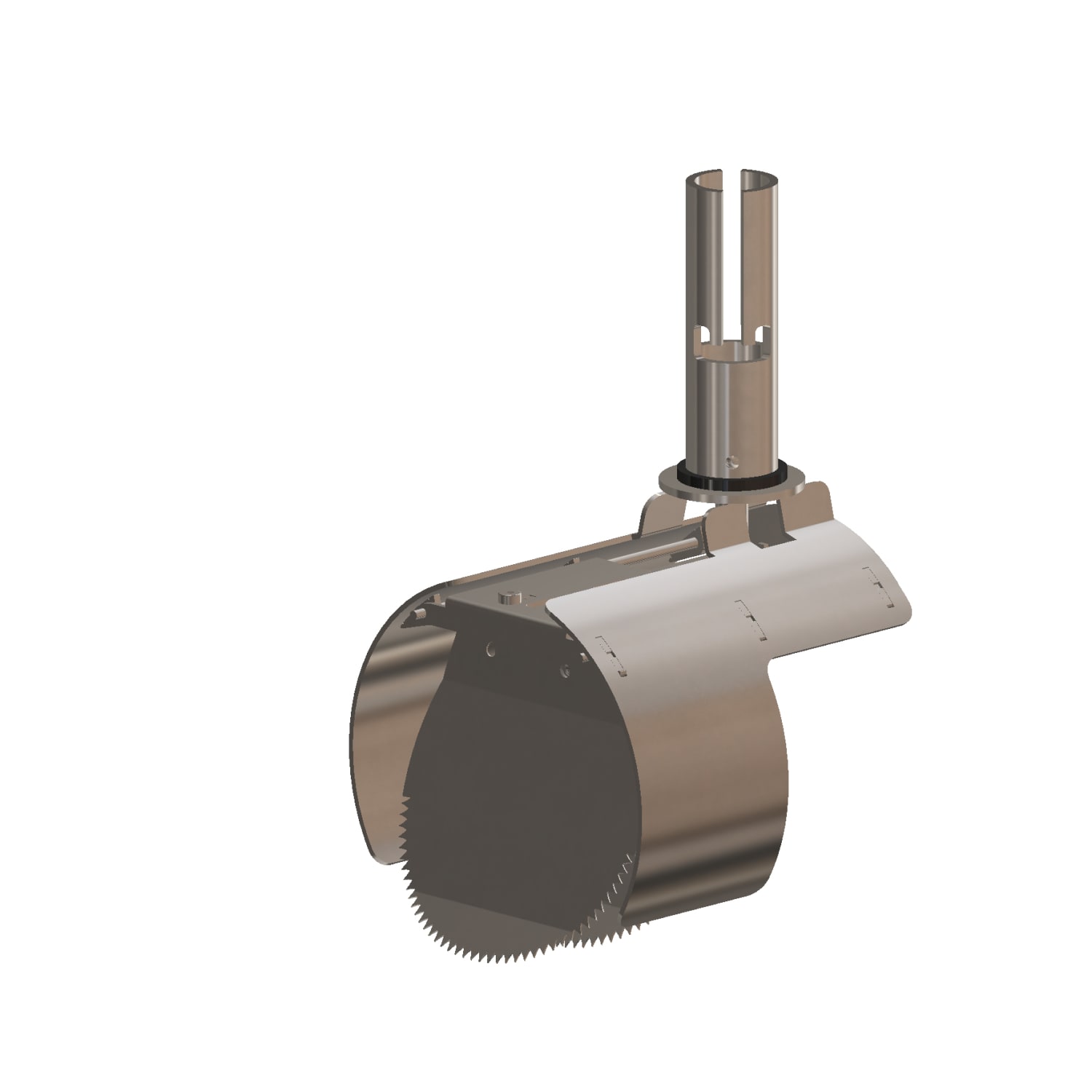 Industrial cutting tool with a serrated circular blade and vertical shaft attached to a cylindrical housing; metallic finish.