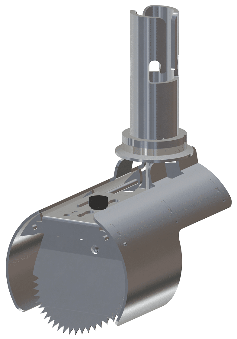Industrial rotary cutting tool with a serrated circular blade and vertical mounting shaft assembly