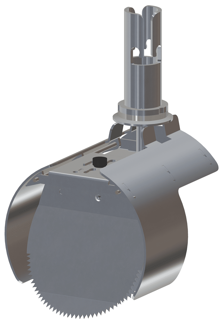Industrial rotary cutter with a large serrated circular blade mounted to a vertical drive shaft and housing.