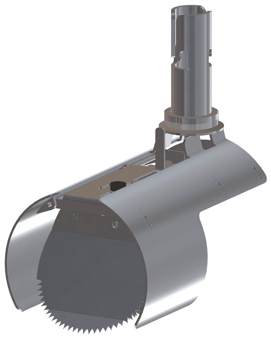 Industrial cutting head with a large serrated circular blade mounted on a vertical shaft.