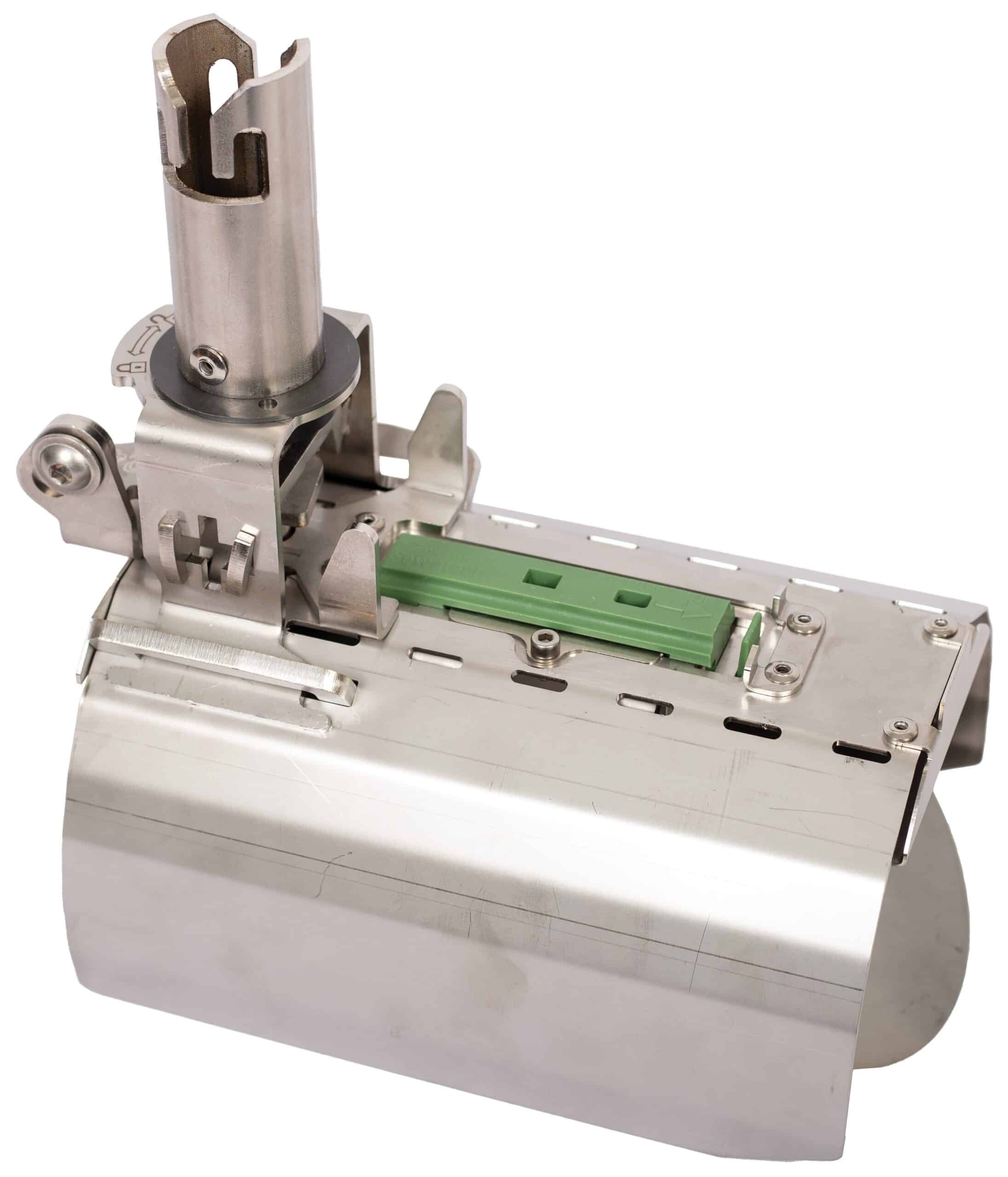Industrial metal machining component with a vertical cylindrical shaft and sliding carriage on a rail, silver finish and green part visible