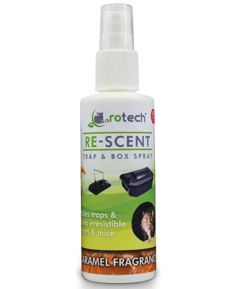 Spray bottle labeled Re-Scent Trap & Box Spray for rodent traps and bait boxes (caramel fragrance)