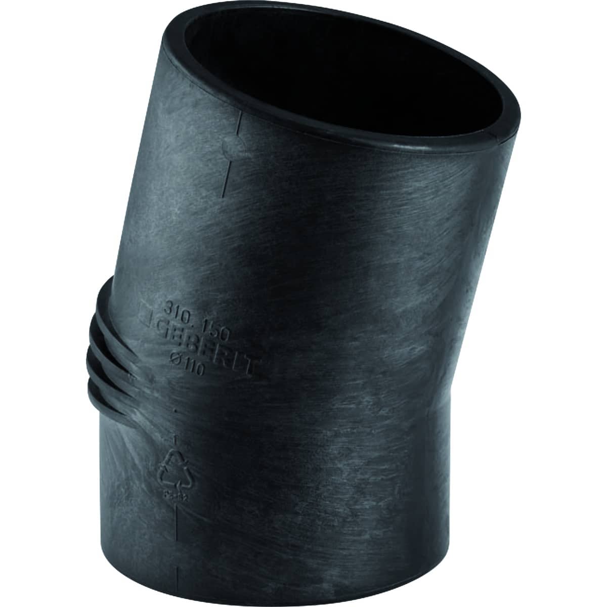 Black plastic pipe fitting with a wide hollow opening and ribbed exterior, used to connect drainage pipes
