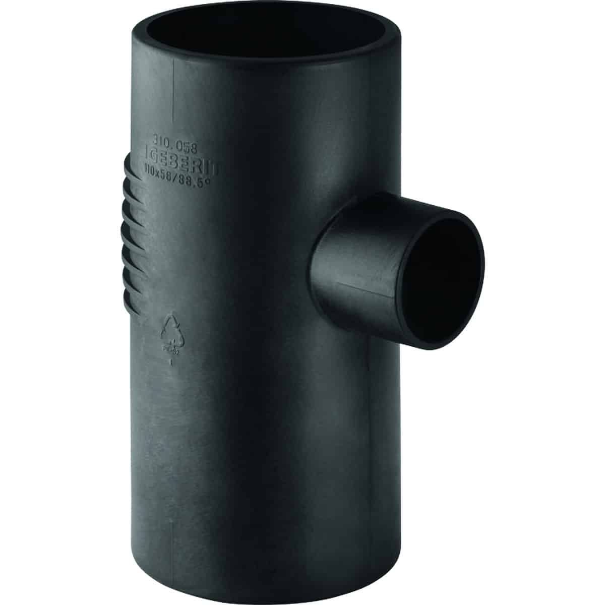 Black plastic PVC tee fitting with a side outlet for three-pipe connections in a drainage system.