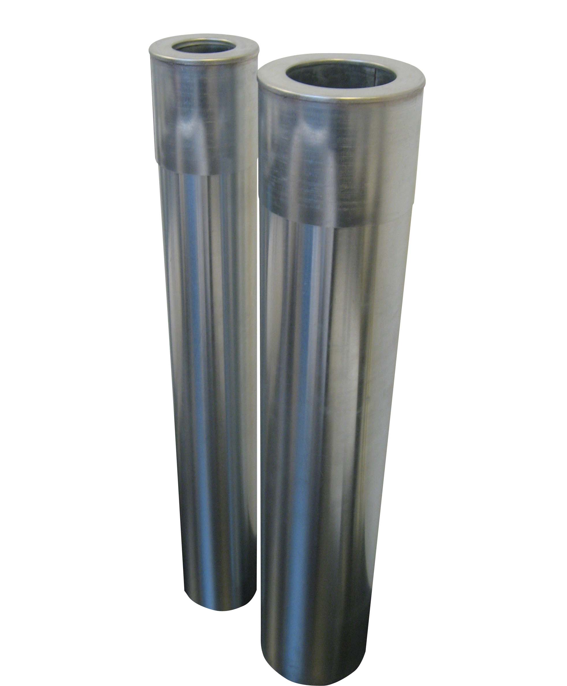 Two shiny metal cylindrical tubes standing side by side with hollow open tops, extending downward.