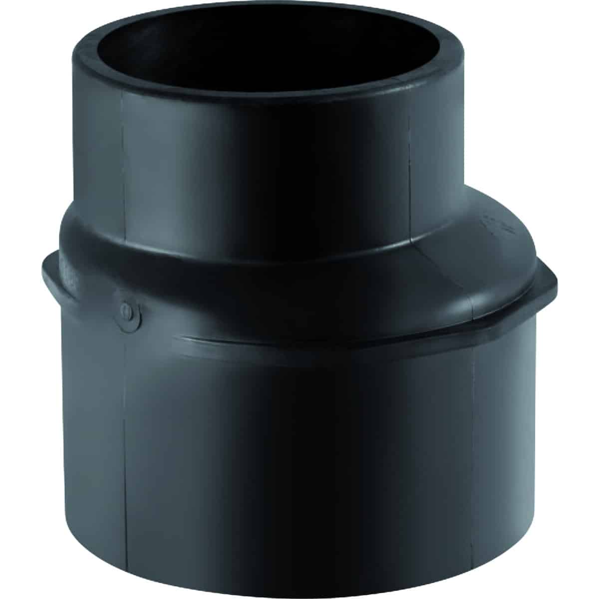 Black plastic pipe reducer fitting with a stepped profile for joining pipes of different diameters (PVC connector).