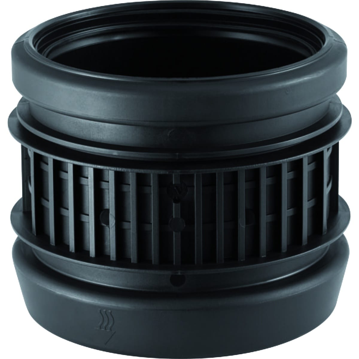 Black plastic blower wheel with radial fins inside a circular housing, an HVAC component.