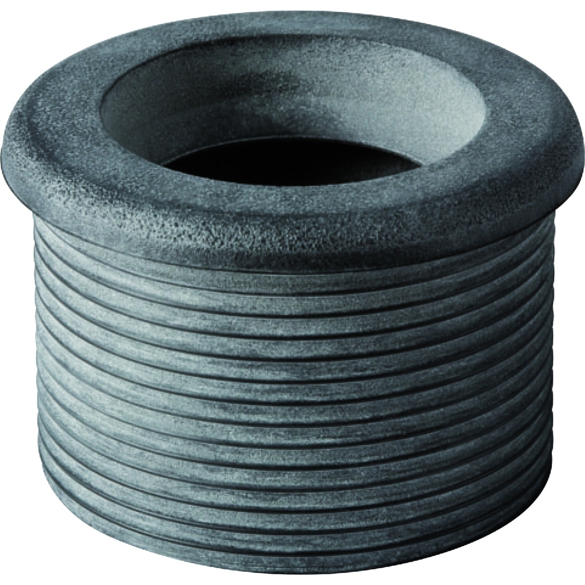 Coiled blue-gray hose wound around a circular spool with multiple ridges.