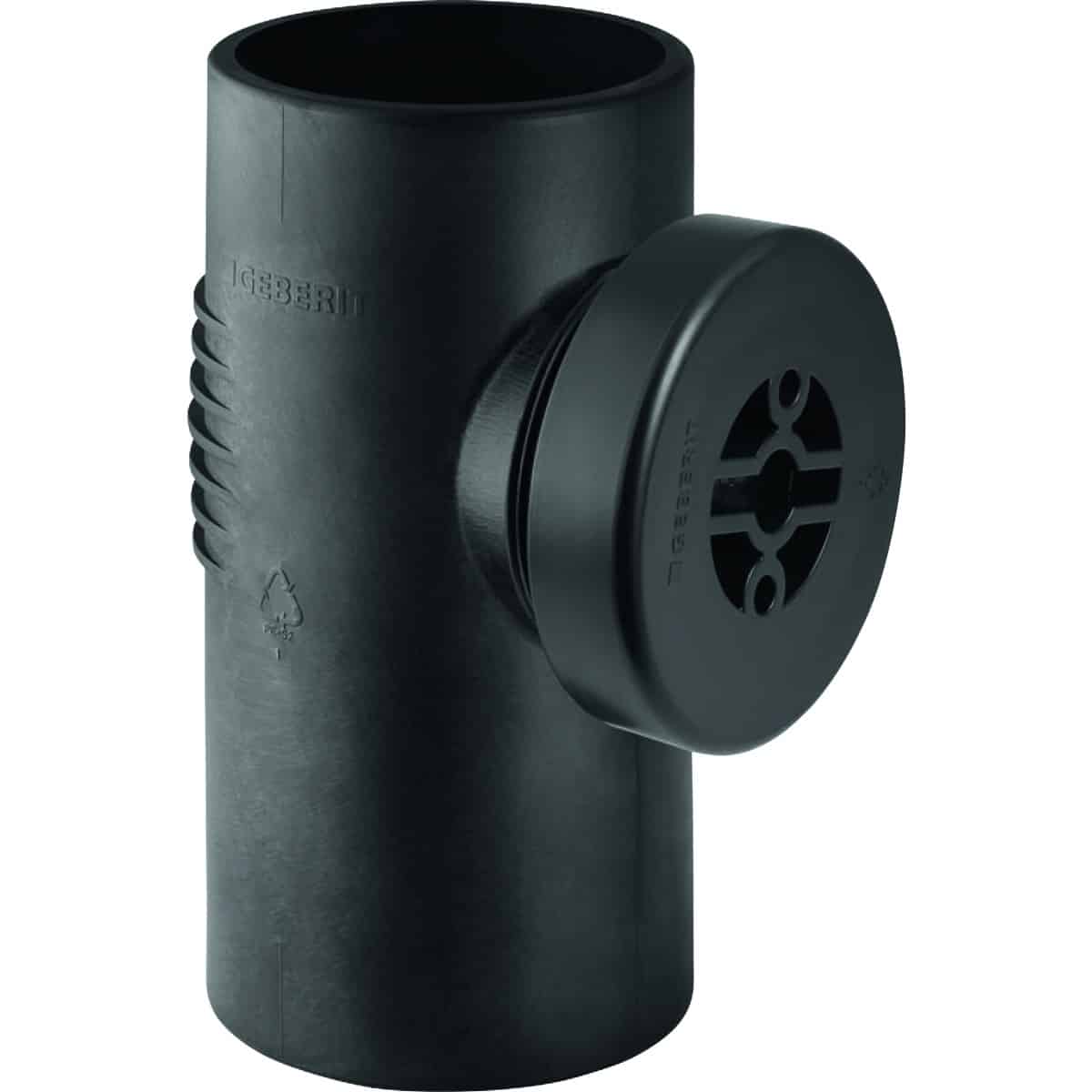 Black PVC drainage pipe with a side-mounted, threaded cleanout cap for access and maintenance of the pipe system