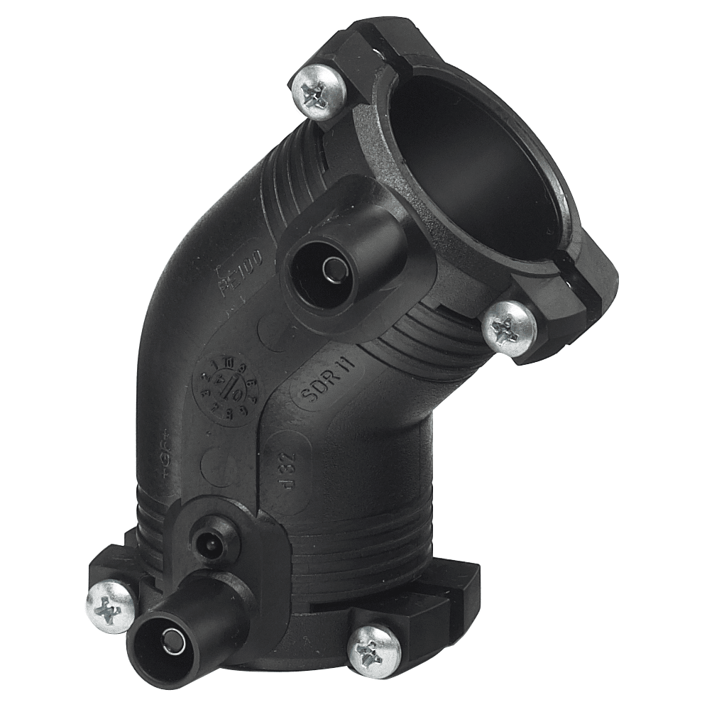 Black plastic 90-degree hose connector with two barbed ports and four mounting screws, used to join tubing at a right angle.