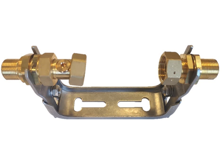 Metal bracket with two brass compression fittings on each end, connected by a curved steel arm.
