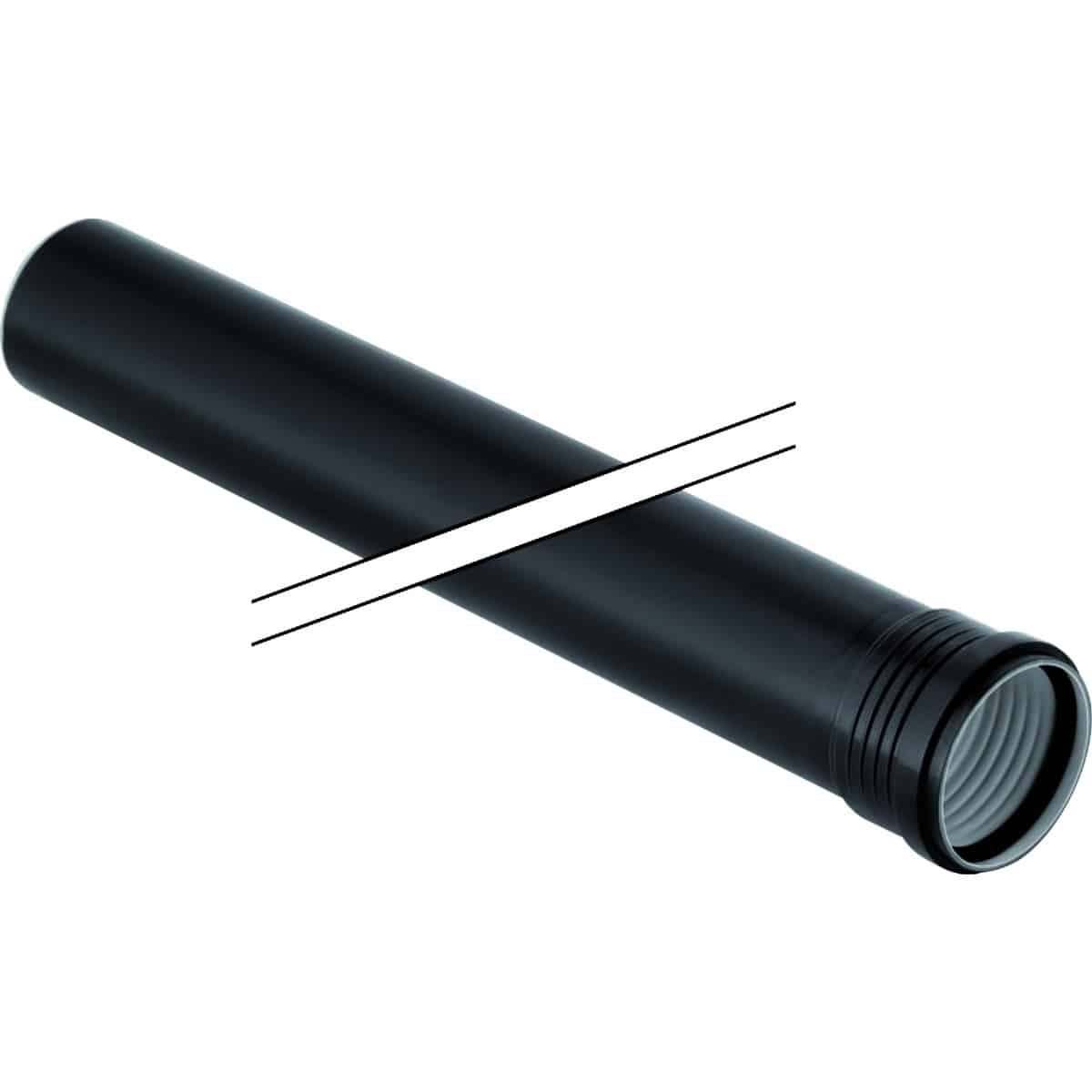 Black cylindrical metal tube with a threaded end and a ringed opening on the right; diagonal cut marks cross the middle indicating a sectional view.