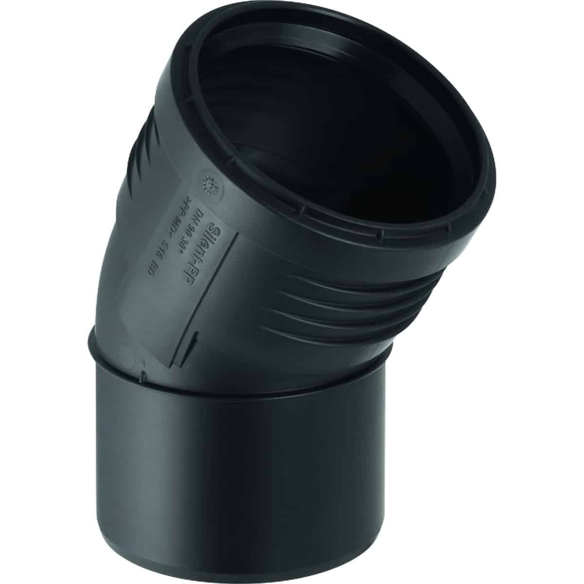 Black plastic 45-degree pipe elbow fitting for drainage systems, with smooth exterior and ribbed grip area