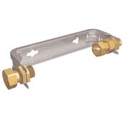 Metal pipe with brass compression fittings on both ends mounted to a small metal bracket with holes.