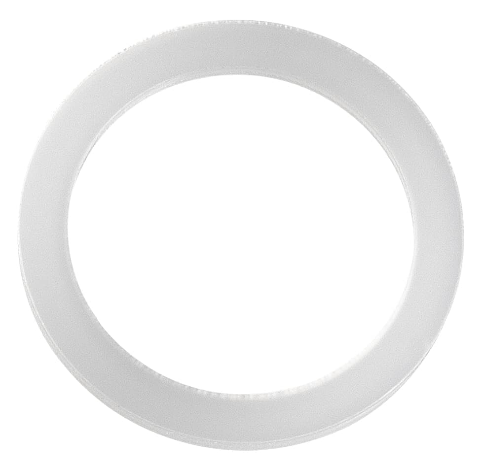 White circular ring (donut-shaped) viewed from above, with a hollow center, on a white background