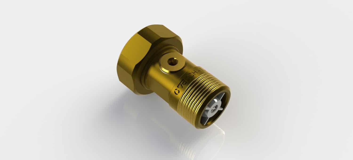 Gold-colored brass hydraulic fitting with threaded male end and hex nut, shown at an angle in a clean white background.