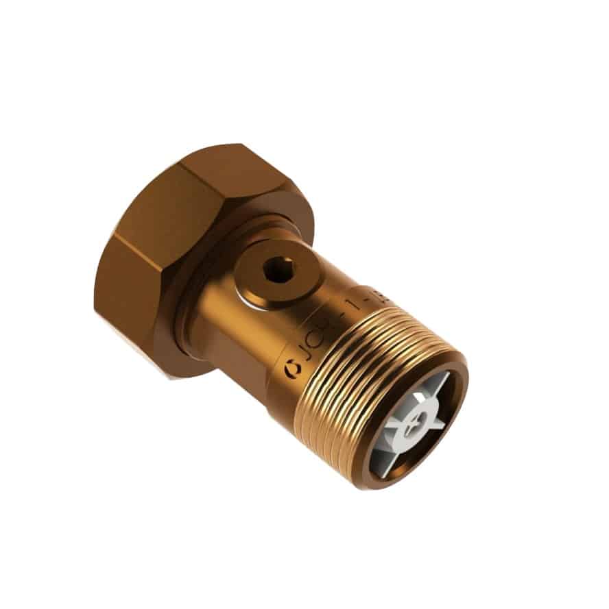 Bronze brass plumbing valve/fitting with a hex nut and threaded end, used to connect pipes or hoses.