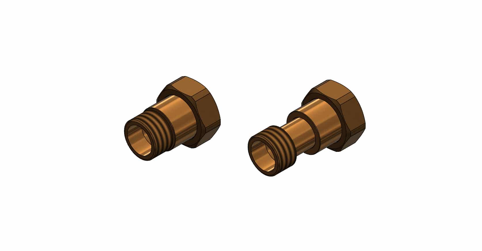 Two brass pipe fittings with male threads and hexagonal nuts viewed from the side.
