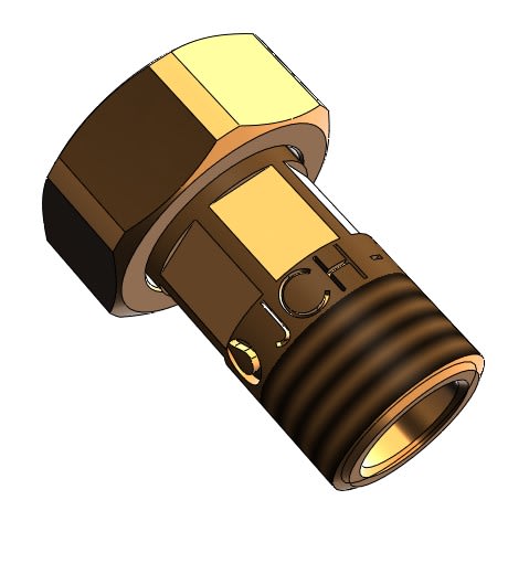Brass JIC hydraulic fitting with hex nut and male threaded end, viewed at an angle