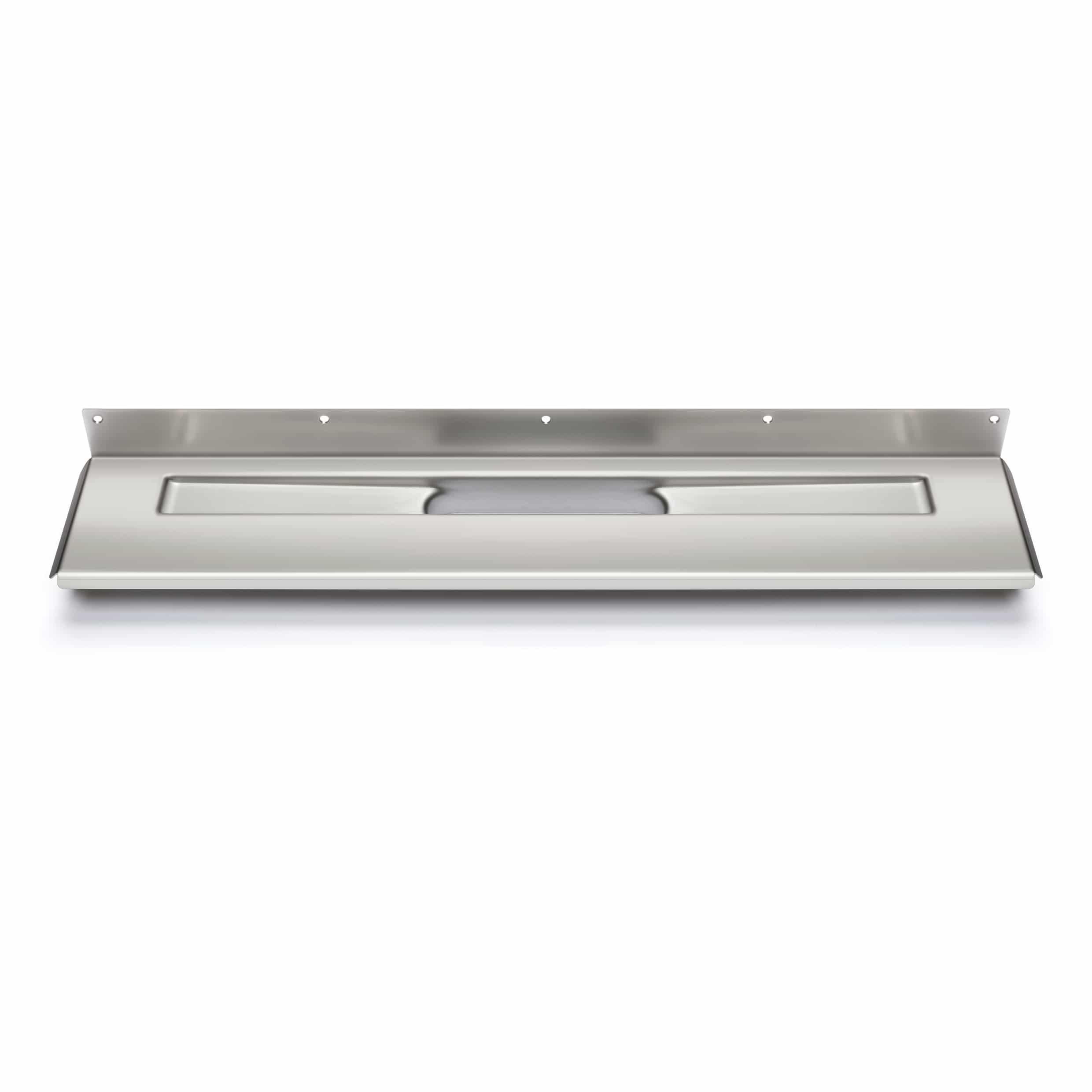 Partial view of a stainless steel kitchen range hood with mounting flange and vent opening, isolated on white.
